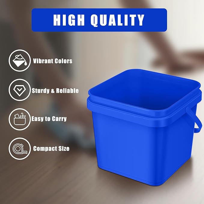 4 Pcs Plastic Bucket 5 Quart Square Bucket Utility Small Pail with Handle Sturdy Pail Organizer for House Cleaning Storage Livestock Feeding Car Washing Food Storage, No Lids(Blue)