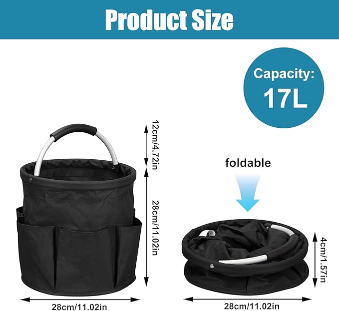 Cleaning Caddy with Handle, 17L Cleaning Supply Caddy Foldable Bucket Organizer Cleaning Products Organizers Cleaning Tools Bag 4.5 Gallon (Black)