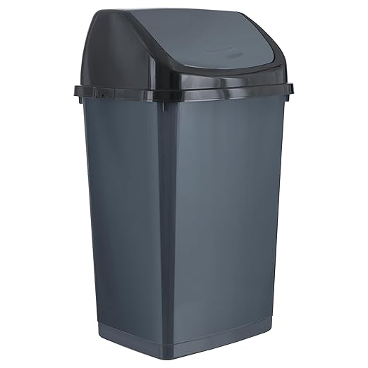 Superio 13 Gallon Plastic Swing Lid Trash Can, Grey/Black 2 Pack, Ideal for Home, Office, Garage, Patio, and Outdoor Use