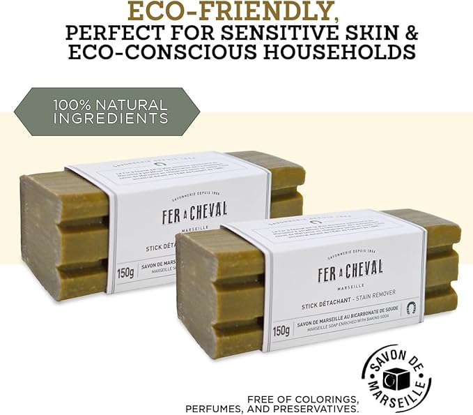 Fer à Cheval Marseille Soap Stain Remover Stick 2 Pack - Natural, Hypoallergenic, Travel-Sized Laundry Solution, 150g/5.29oz (Stick with Baking Soda)