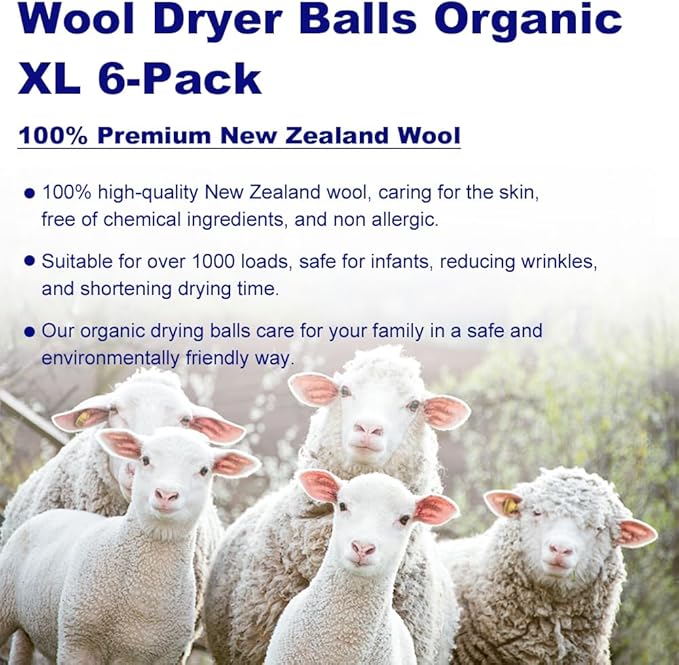 Organic Wool Dryer Balls XL，Reusable, Premium Natural Fabric Softener，Safe for Babies & Sensitive Skin, Reduces Clothing Wrinkles and Naturally Shorten Laundry Drying Time,Wool Balls for Dryer(6psck)