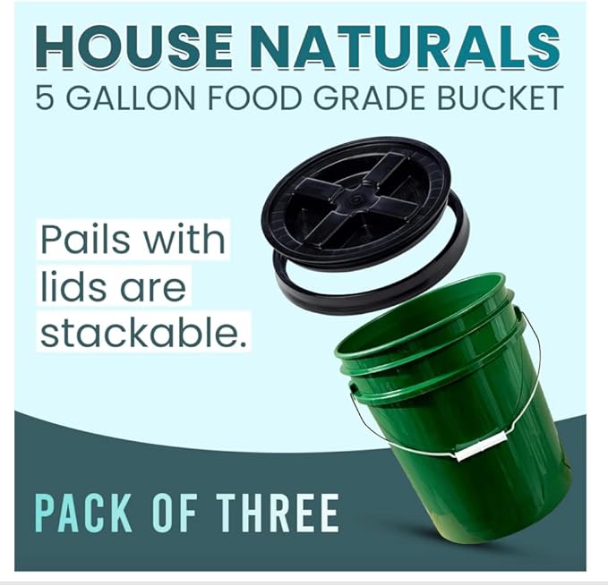 House Naturals 5 Gallon Plastic Green Bucket with Screw on Lid, Food Grade containers, Made in USA pails, Pack of 3