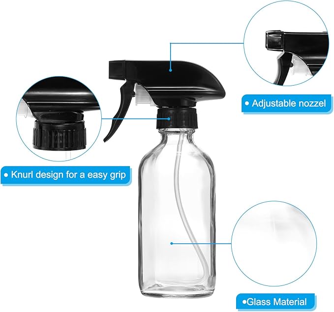 PATIKIL 8oz Clear Glass Spray Bottle, 2pcs Black Nozzle Leak Proof Empty Water Mist Stream Sprayer for Cleaning Solutions Plants Hair