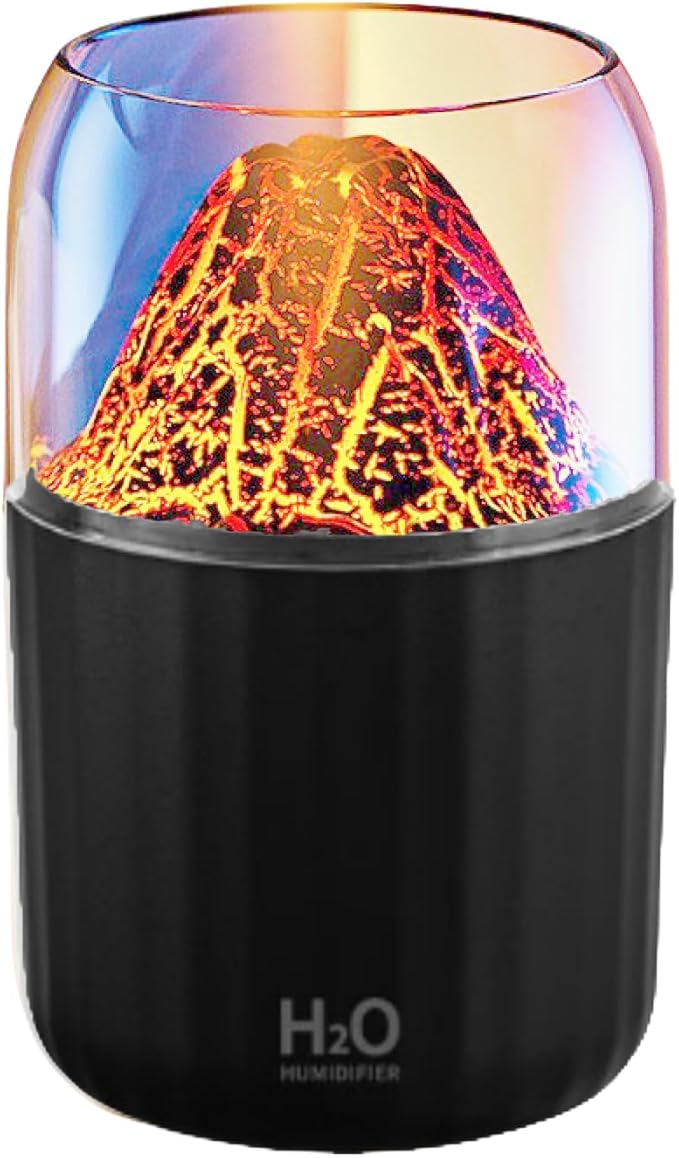 Colorful Volcano Humidifier, Ultrasonic Cool Mist Auto Shut-Off Car Diffuser, 2 Fog Mode Ultra Quiet Humidifier for Car Bedroom Office USB-300ml (Black)
