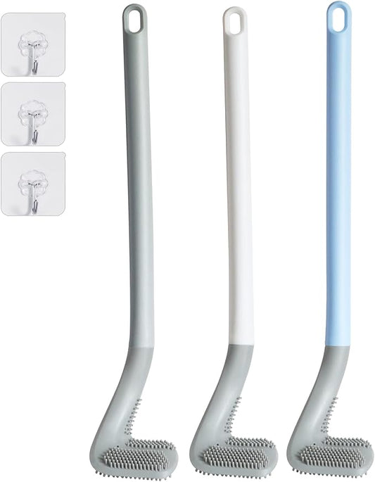 3 Pack Golf Toilet Brush, Flexible Long Handled Toilet Cleaning Brush, 360° No Dead Space Deep Toilet Cleaning Brush, Toilet Brush for Bathroom, with Hook (White + Blue + Grey)
