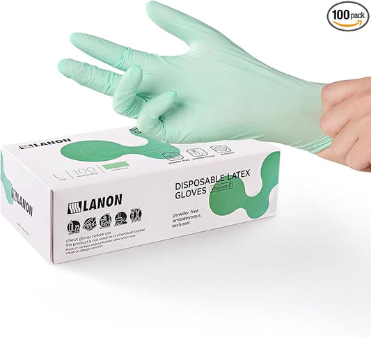 LANON 5 mil Vitamin-E Coated Latex Disposable Gloves, Food-Contact Grade, Fully Textured, Green, Medium