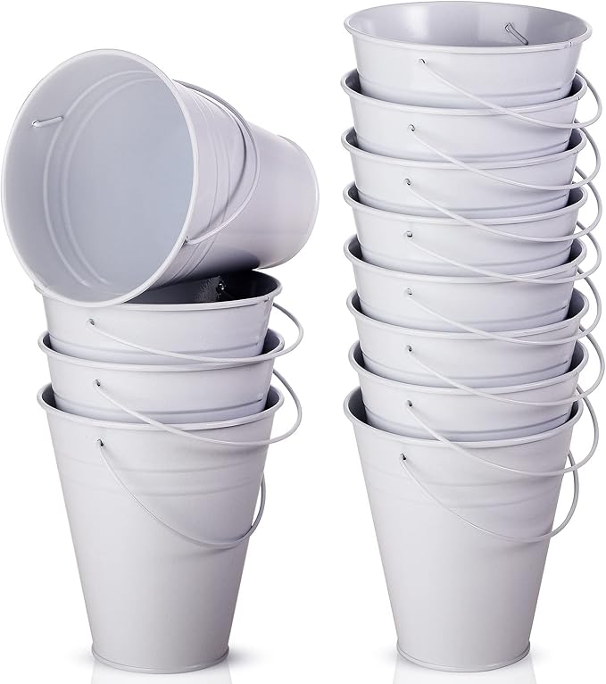 Sadnyy 12 Pack Metal Buckets with Handle, Galvanized Bucket 4.5 x 5 Inch Basket Bucket Party Supplies, Crafts for Christmas Halloween Candy Bars Vase Crafts(White)