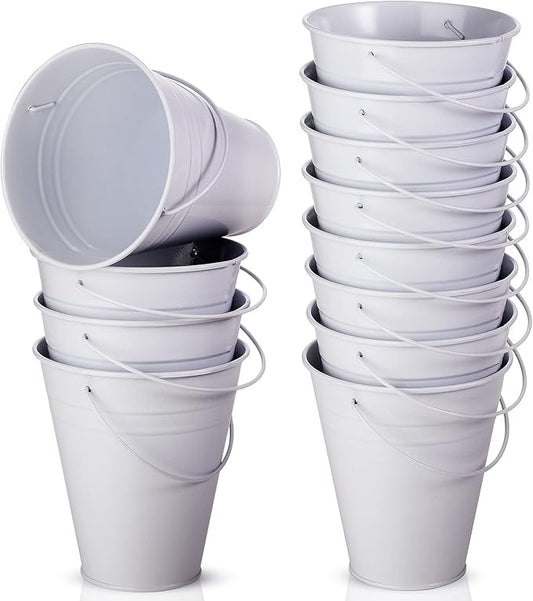 Sadnyy 12 Pack Metal Buckets with Handle, Galvanized Bucket 4.5 x 5 Inch Basket Bucket Party Supplies, Crafts for Christmas Halloween Candy Bars Vase Crafts(White)