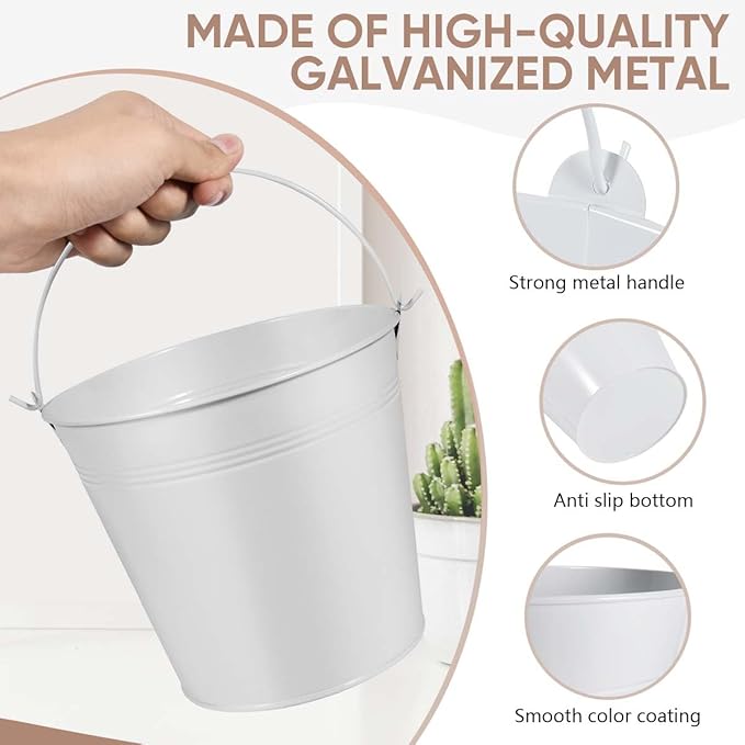 OBTANIM 7 Pack White Metal Buckets with Handle Galvanized Ice Pails for Plants, Succulents, Party Favors Organizing, Rustic Home Decor or Classrooms Pencil Storage (7.1 x 5.2 inch)