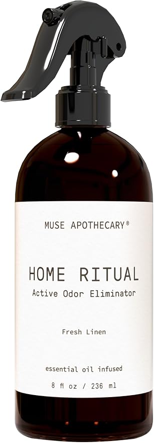 Muse Apothecary Home Ritual Active Odor Eliminator Spray - Furniture Deodorizer Spray & Bathroom Odor Eliminator for Home - Essential Oil Air Freshener - 8oz, Fresh Linen
