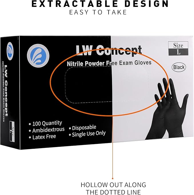 LW Concept - Black Nitrile Examination Gloves - Latex & Powder-Free, Disposable, Strong, Healthcare, Food Handling (Medium)