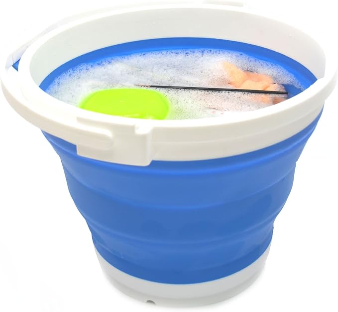 SAMMART 10L (2.64Gallon) Collapsible Fishing Bucket with Locking Lid - Foldable Round Tub - Portable Plastic Water Pail - Space Saving Outdoor Waterpot (Blue)
