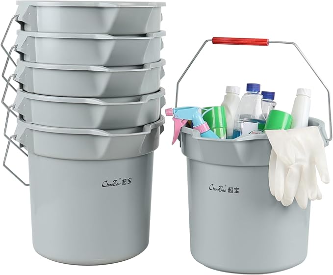 14 Quart Round Utility Bucket with Handle, Round Plastic Bucket for Cleaning, Gray, 6 Packs