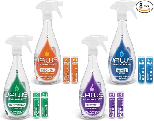 JAWS Cleaners Home Cleaning Kit, Multi-Surface Kitchen, Glass, Shower and Hardwood Floor, 2 Refill Pods Included. Refillable Cleaning Supplies.