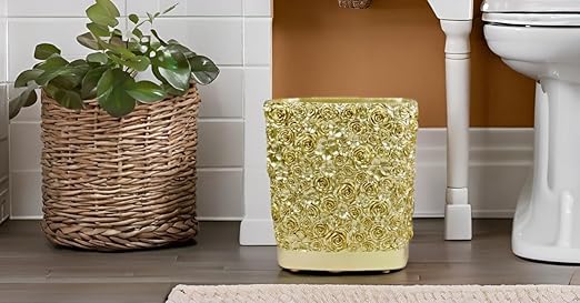 Hymmah Bathroom Trash Can 1.8 Gallon(7 Liter) Small Kitchen Garbage Can,Decor Wastebasket for Bedroom Office,Resin Hand-Carved Rose Flower Gold