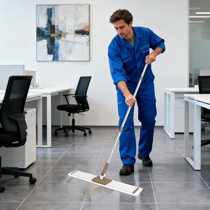 CQT Commercial Flat Microfiber Floor Mop Cleaning System 24" Inch Wet Dry and Dust Hardwood with 4 Washable Pads Cleaner for Laminate Tile Stainless Steel Handle and Extension (PT14 Brown)