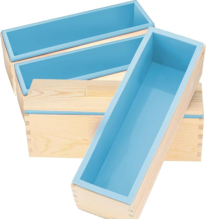 ZOENHOU 4 PCS 42oz Blue Soap Molds with 4 Wooden Lids, Flexible Rectangular Silicone Soap Making Molds Kit with Wood Box DIY Tool Set for Soap Making Supplies