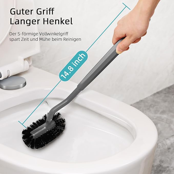 HAMITOR Toilet Bowl Brush Holder Set: Bathroom Deep Cleaning Toilet Cleaner Scrubber Under Rim with Curved Bristle for Dead Corner Clean - Hidden Rv Toilet Decorative Accessories with Caddy- Gray