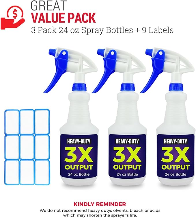 3X High Output Heavy Duty Spray Bottles for Cleaning Solutions, 3 Pack, 24 oz Commercial, Industrial Spray Bottles for Household Cleaning and Car Detailing.