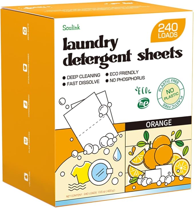 Soulink Laundry Detergent Sheets, 240 Loads - Eco-Friendly, Plant-Based, Hypoallergenic, No Plastic Jug (Orange Scent)