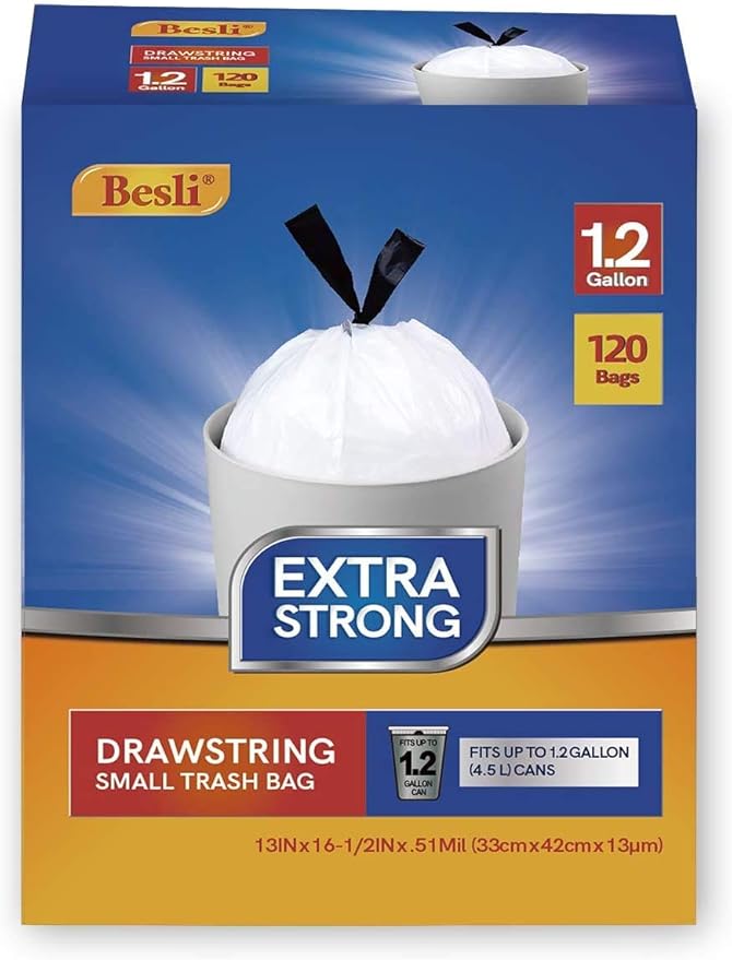 Besli 1.2 Gallon Drawstring Trash Bag Small Garbage Bag,120 Counts (White, 1.2 Gallon)