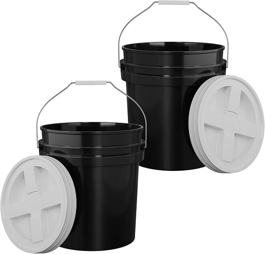 5-Gallon Black Bucket Pail with Gamma Seal Screw on Airtight Lid, Metal Handles with Plastic Grip for Easy Carrying, Easy Stack and Store, Heavy-Duty 90MIL Extra Durable, Food Grade, BPA Free - 2 Pack