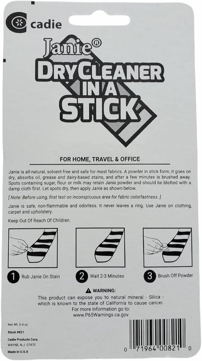 JANIE Dry Cleaner In A Stick,Dry Spot Cleaner,Stain Remover - Absorbs Most Grease,Oil,Dirt,& Food Stains.Use On Clothing,Carpet & Upholstery. (1 Pack)