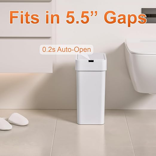9L/2.4Gal Touchless Bathroom Trash Can, 0.2s Motion Sensor Auto-Close, IPX5 Waterproof Slim Design for Kitchen/Office, Silent & Space-Saving