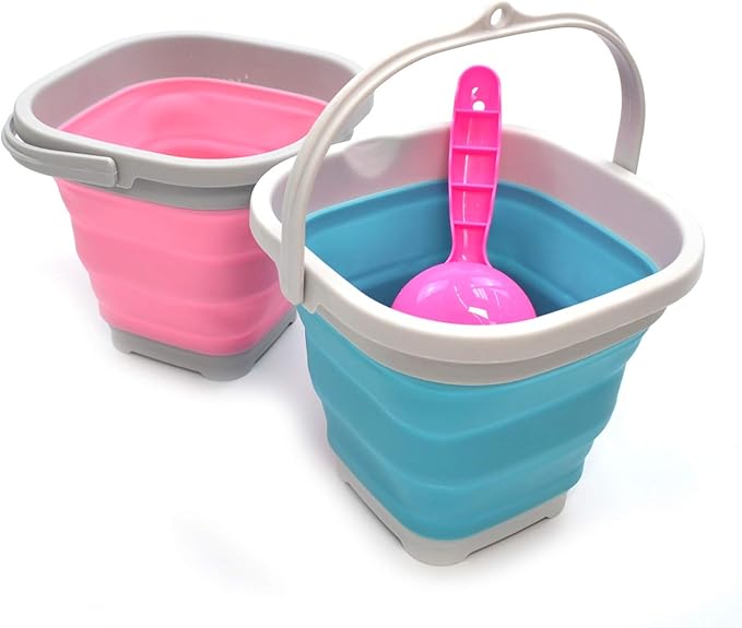 SAMMART Set of 2-2.6L (0.68 Gallon) Super Mini Sqare Collapsible Plastic Bucket - Foldable Square Tub - Portable Fishing Water Pail - Space Saving Outdoor Waterpot (2, Pink + Bright Blue)