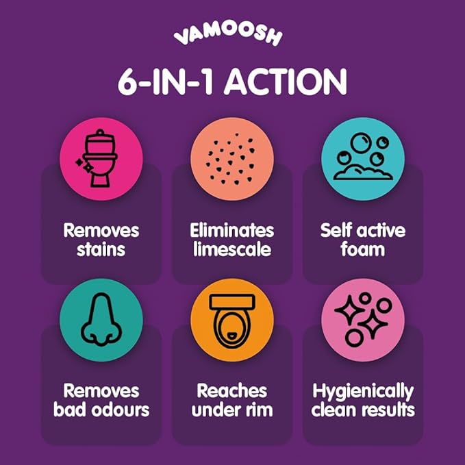 Vamoosh 6-in-1 Toilet Foaming Cleaner | Self-Activating Foam Technology | Stays Active for 10 Minutes | Easy to Use | Removes Stains | Eliminates Limescale & Removes Odor | 100g (Pack of 24)