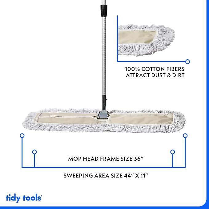 Commercial Dust Mop – 36 Inch Floor Sweeper for Hardwood, Reusable Cotton Mop Head, Extendable Handle, Dry Mop for Floor Cleaning & Janitorial Supplies