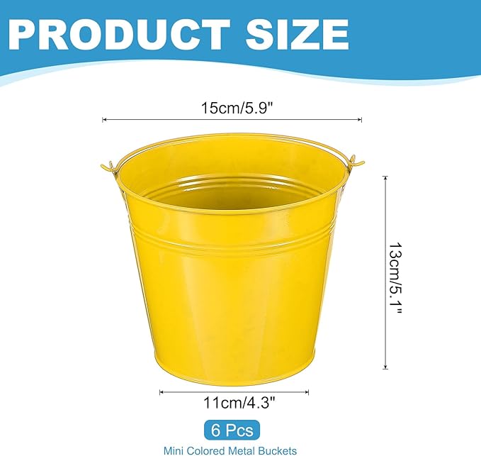 PATIKIL 5.9"x5.1" Small Metal Buckets with Handle, 6 Pcs Mini Galvanized Bucket Colorful Easter Buckets for Crafts Party Favors Decoration, Yellow
