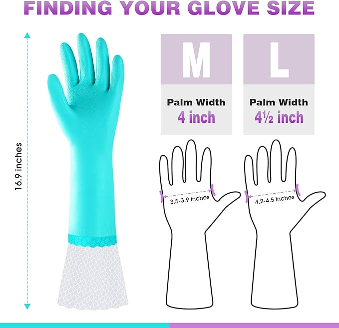 Elgood Reusable Long Dishwashing Cleaning Gloves with Latex Free, Long Cuff,Cotton Lining,Kitchen Gloves 2 Pairs,Purple+Blue Medium