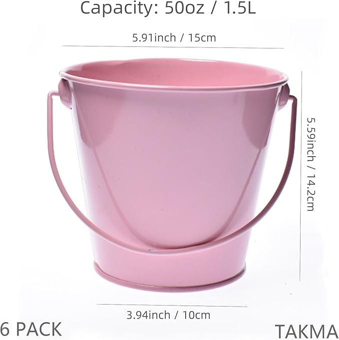 Colored Metal Buckets with Handle, 6 Pack 5.91 Inch Galvanized Iron Pail Bucket for Kids,Classroom,Crafts,and Party Favors (Pink)