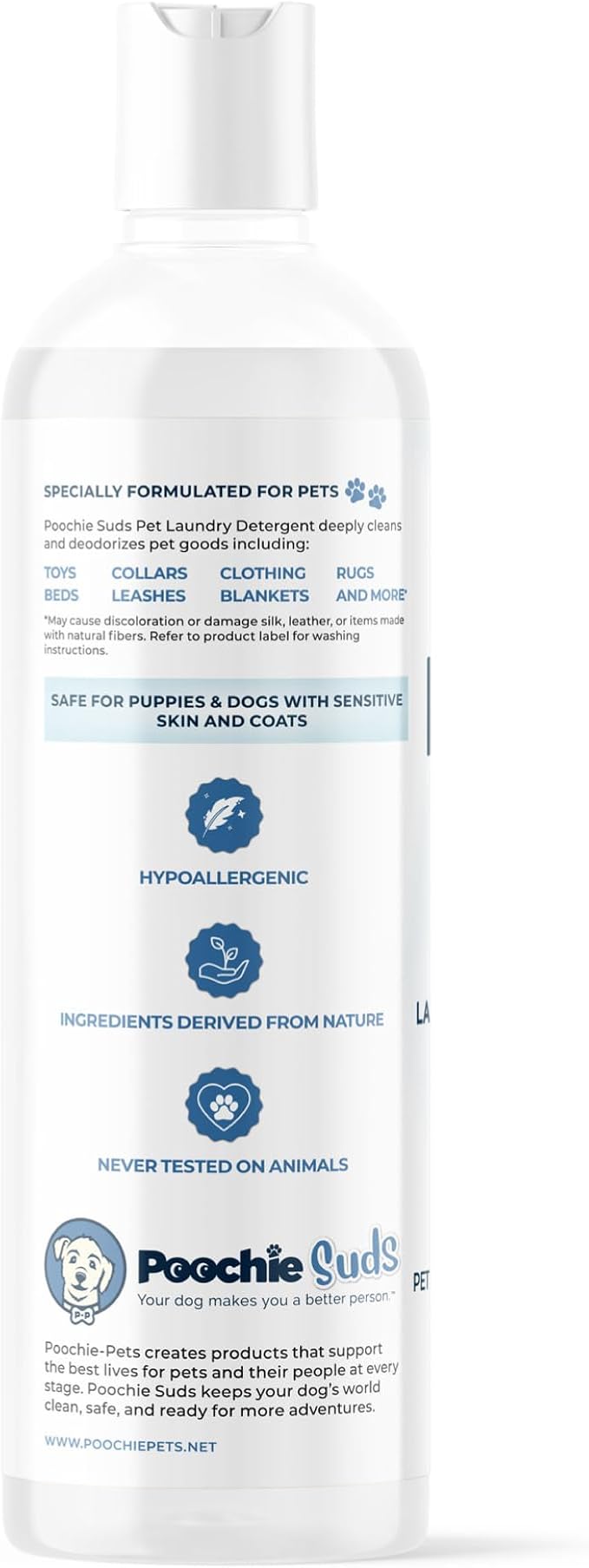 Poochie Suds Pet Laundry Detergent, Enzyme Cleaner and Odor Remover, Hypoallergenic and Fragrance-Free Pet Safe Detergent for Dog and Cat Bedding, Blankets, Toys and Gear, Made in USA, 16 fl oz