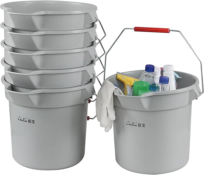 6-Pack 14 Quart Plastic Pail with Handle, Heavy Duty Cleaning Bucket, Grey