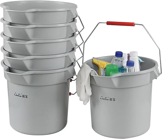 6-Pack 14 Quart Plastic Pail with Handle, Heavy Duty Cleaning Bucket, Grey