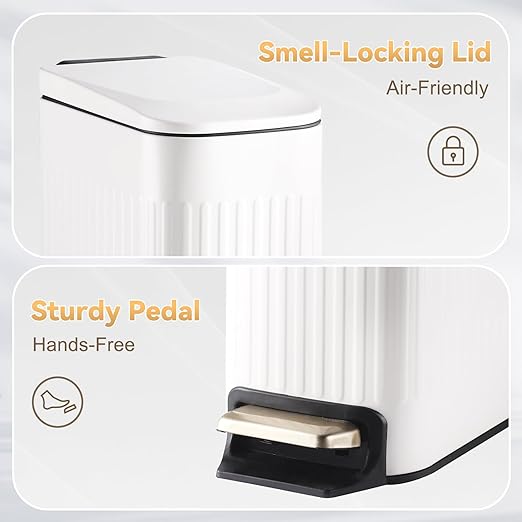 Slim Bathroom Trash Can with Lid Soft Close, Stainless Steel Garbage Can Step Trash Bin with Removable Inner Bucket for Bedroom, Office, Kitchen (Matt White, 1.8 Gallons)
