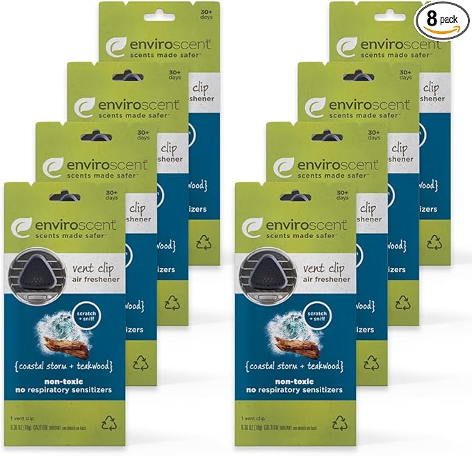 Enviroscent Non-Toxic Car Vent Clip | Single Use Car Air Freshener | Car Scent Lasting Over 30 Days Each, 8 Count (Coastal Storm & Teakwood)