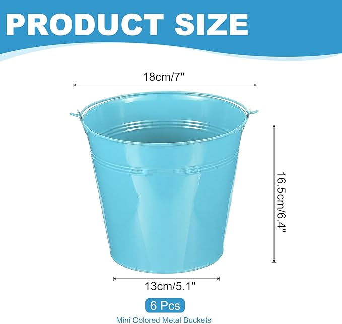 PATIKIL 7"x6.4" Small Metal Buckets with Handle, 6 Pcs Mini Galvanized Bucket Colorful Easter Buckets for Crafts Party Favors Decoration, Blue