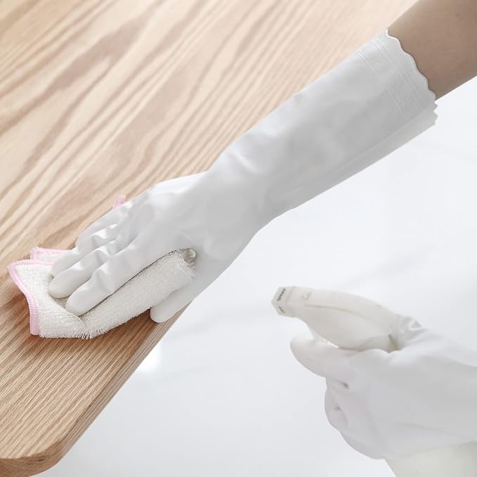 Bamllum Rubber Cleaning Gloves - 3 Pairs Latex Free Kitchen Cleaning Gloves with Cotton Liner- Household Dishwashing Gloves, Non- Slip Waterproof (Large, Blue+Pink+White)