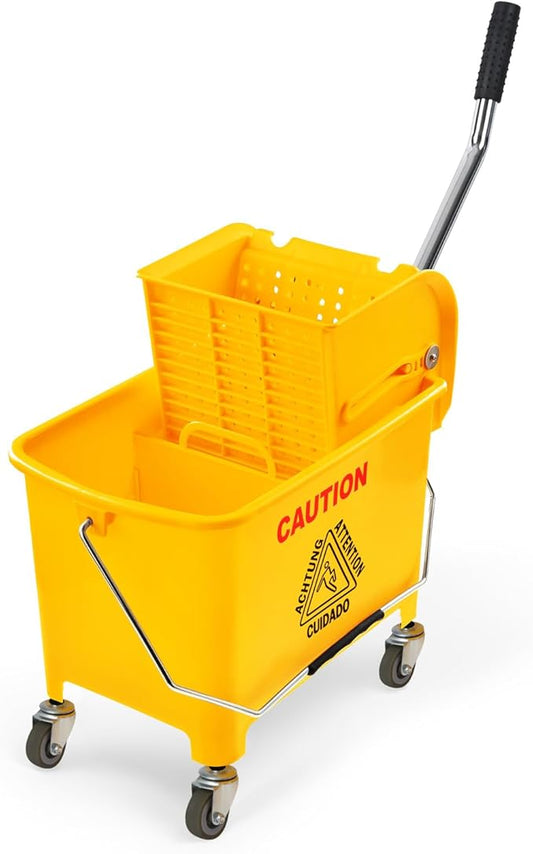 Commercial Mop Bucket with Wringer on Wheels Small 5 Gallon, Heavy Duty Dual Chamber Industrial Mop Bucket Separate Dirty Water, Perfect for Business Household, 20 Quart Yellow