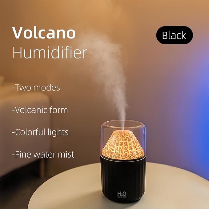 Colorful Volcano Humidifier, Ultrasonic Cool Mist Auto Shut-Off Car Diffuser, 2 Fog Mode Ultra Quiet Humidifier for Car Bedroom Office USB-300ml (Black)