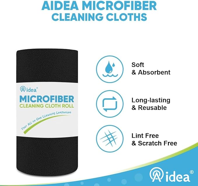 AIDEA Microfiber Cleaning Cloth Roll 55 Sheets, Black Microfiber Towels for Cars, Shop Rags Washable, Cleaning Rags Reusable Paper Towels for Automotive, Workshops, House, Cleaning Supplies 11×9"
