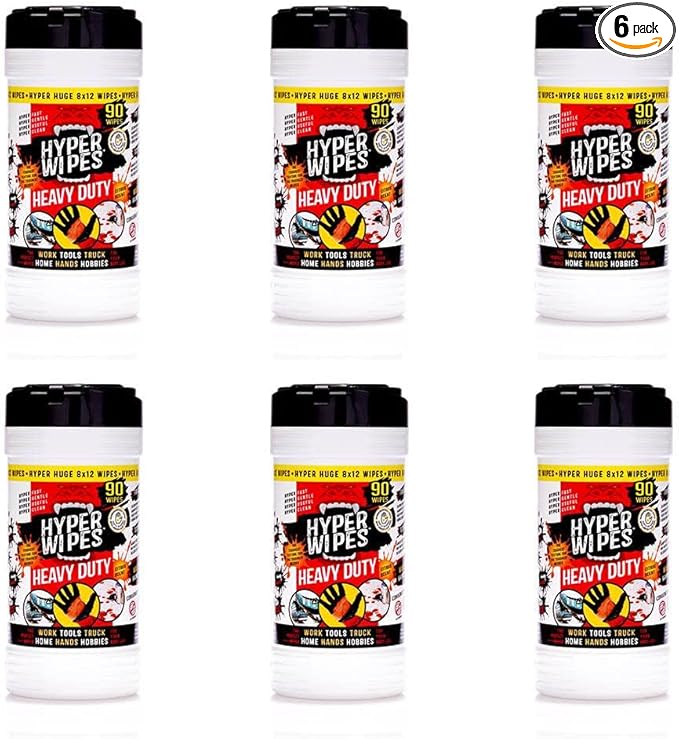 Hyper Wipes, 6 Pack Heavy Duty Hand & Tool Cleaning Wipes, 8"x12" Size Multi-Surface Cleaning Wipes, Degreasing, All Purpose Cleaner, Bathroom, Mechanic, Work Surface Wipes, 540 Count Canister