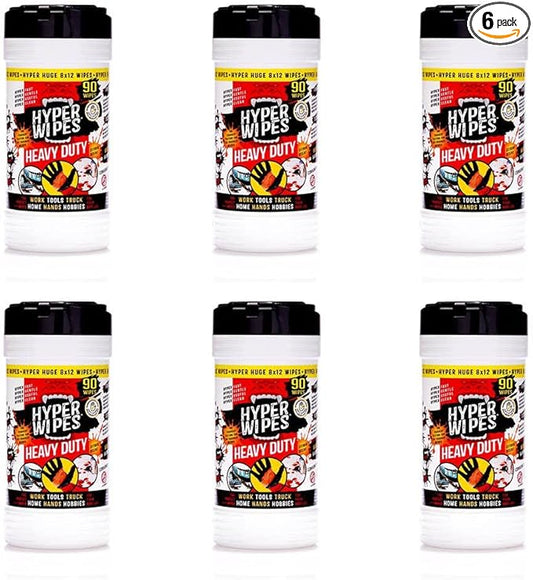 Hyper Wipes, 6 Pack Heavy Duty Hand & Tool Cleaning Wipes, 8"x12" Size Multi-Surface Cleaning Wipes, Degreasing, All Purpose Cleaner, Bathroom, Mechanic, Work Surface Wipes, 540 Count Canister
