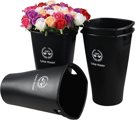 16 Inch Tall Flower Buckets Set with Cutout Handle, Set of 4 Plastic Floral Vase Bucket for Cut Flowers Home Wedding Decoration, Black