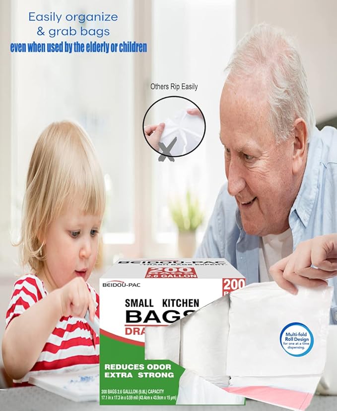 Trash Bags, 2.6 Gallon, 200 Count, Drawstring, Odorless, Extra Thick, White Plastic, Food Scrap Bag for Home Office Bathroom Kitchen Bins