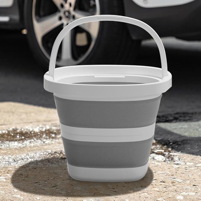 Collapsible Bucket Set, 2.6 Gallon, 2-Pack with Handles, Foldable Design for Camping, RV, Cleaning, Gray and Beige