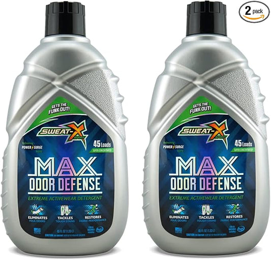 Sweat X Original Max Odor Defense Laundry Detergent – Remove the Worst Odors & Toughest Stains – High Performance Sports Wash for Training Gear & All Fabric Types – 45 Loads/Bottle – 2 Pack